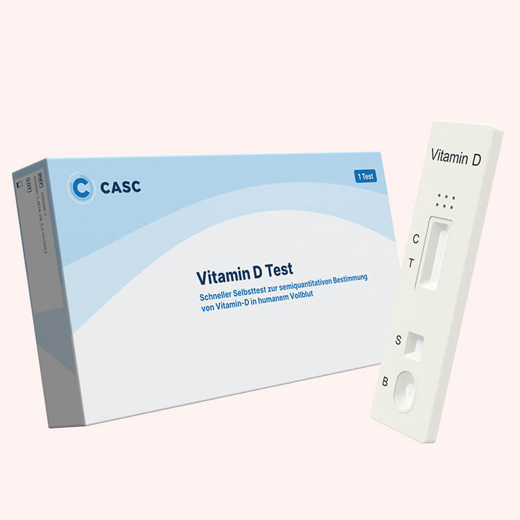 Hier ist die Verpackung  von einem Vitamin D Schnelltest von Casc mit der enthaltenen Testkassette abgebildet.
