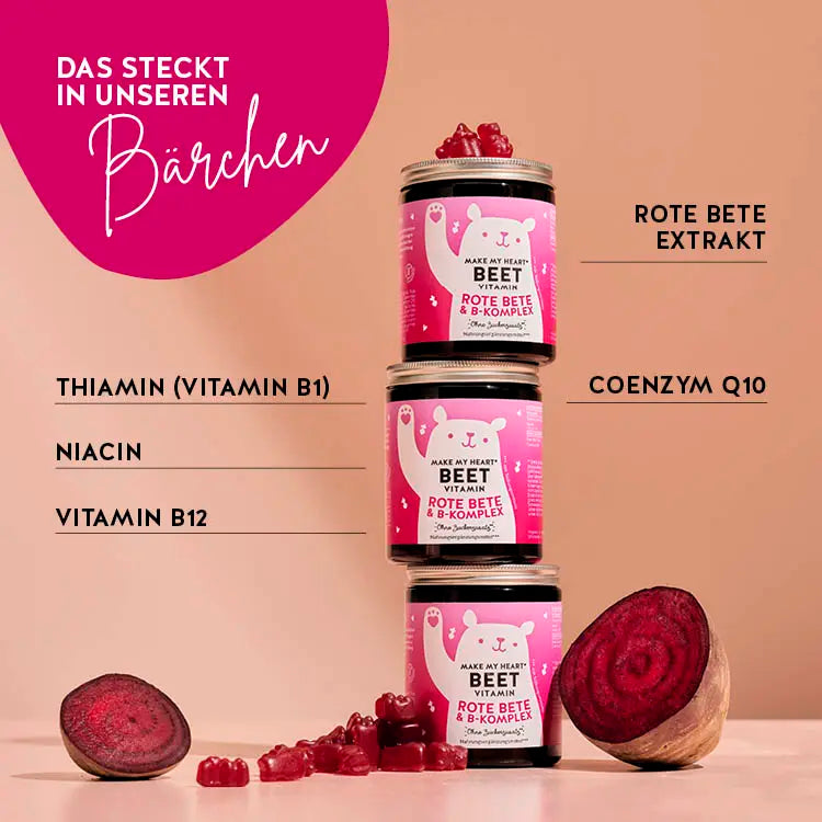 Auf diesem Bild werden die Inhaltsstoffe des Produkts You make My Heart Beet für eine normale Herzfunktion von Bears with Benefits erklärt.