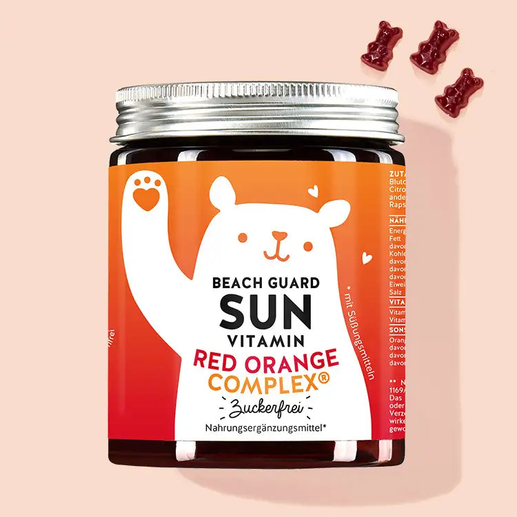 Eine Dose der Beach Guard Sun Vitamins mit Red Orange Complex von Bears with Benefits für sonnengeschädigte Haut