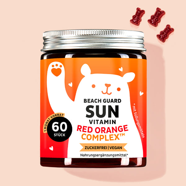 Eine Dose der Beach Guard Sun Vitamins mit Red Orange Complex von Bears with Benefits für sonnengeschädigte Haut