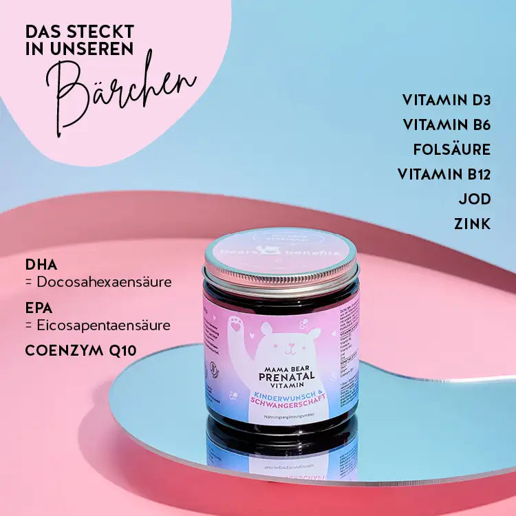 Diese Inhaltsstoffe und Nährstoffe stecken in den Mama Bear Pre-Natal Vitamins von Bears with Benefits: DHA, EPA, Coenzym Q10, Zink, Jod, Folsäure und die Vitaminen B6, B12 und D3.