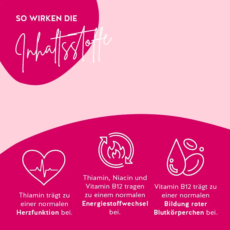 Make My Heart Beet mit Rote Bete und B-Komplex: Thiamin trägt zu einer normalen Herzfunktion bei;  Thiamin, Niacin und Vitamin b12 tragen zu einem normalen Energiestoffwechsel bei; Vitamin B12 trägt zu einer normalen Bildung Blutkörperchen bei.