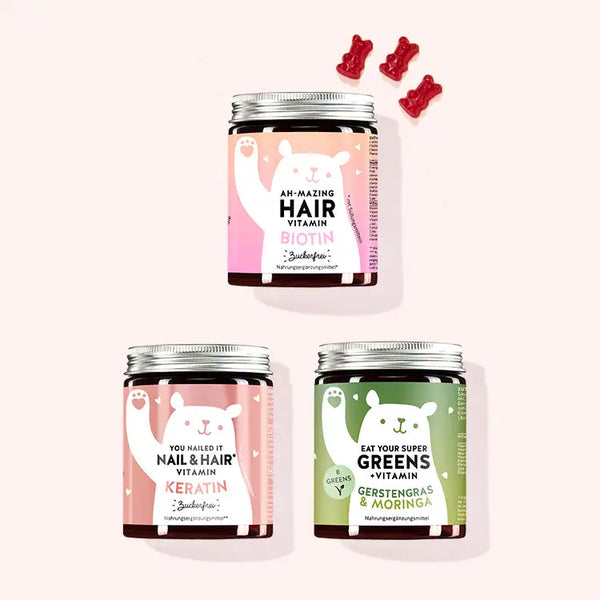 3er Bundle Ultimate Hair Bundle von Bears with Benefits bestehend aus den den Ah-Mazing Hair Vitamins mit Biotin, den You Nailed It Nail & Hair Vitaminen mit Keratin und und den Eat your Super Greens Vitamins mit Gerstengras.