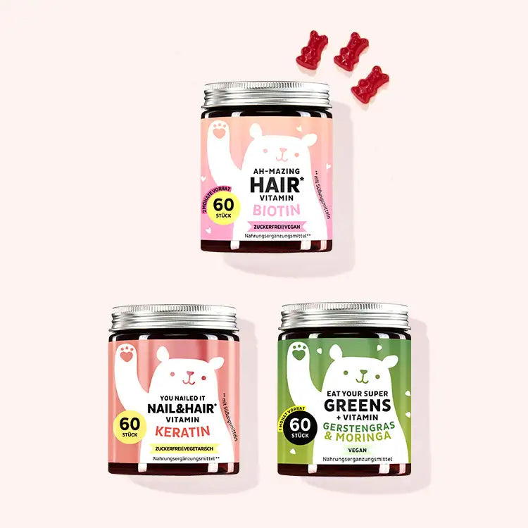 3er Bundle Ultimate Hair Bundle von Bears with Benefits bestehend aus den den Ah-Mazing Hair Vitamins mit Biotin, den You Nailed It Nail & Hair Vitaminen mit Keratin und und den Eat your Super Greens Vitamins mit Gerstengras.