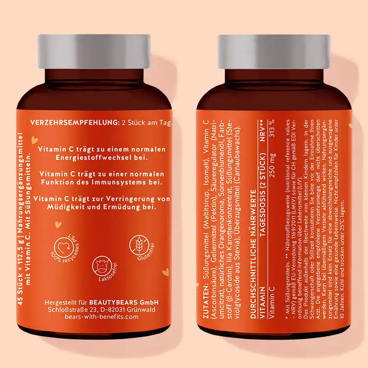 Hier ist die Rückseite der Verpackung der Daily Essential Bears mit Vitamin C abgebildet. Darauf stehen die Nährwertangaben sowie die Zutatenliste des Produkts.