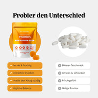 Bears with Benefits Daily Essentials Vitamin C – Vergleich Vitamin C Gummies vs. Tabletten: lecker & fruchtig, einfaches Snacken, macht den Alltag spaßig und tägliche Balance statt bitterer Geschmack, schwer zu schlucken, Pflichtgefühl und lästige Routine, 125 mg Vitamin C pro Stück, 60 Stück, 2 Monate Vorrat, zuckerfrei, laktosefrei & glutenfrei