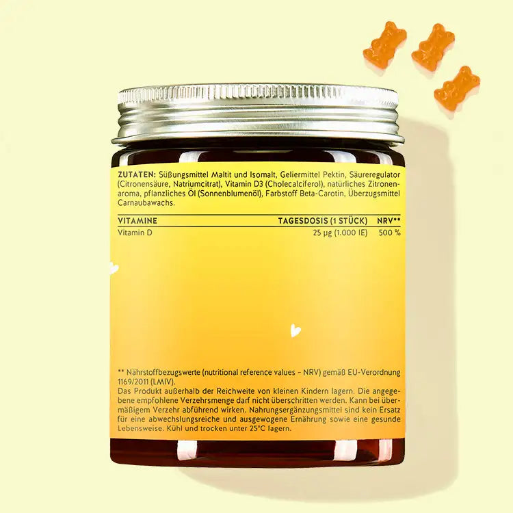 Hier ist die Rückseite der Verpackung der Hey Sunshine Sun Bärchen mit Vitamin D abgebildet. Darauf stehen die Nährwertangaben sowie die Zutatenliste des Produkts.
