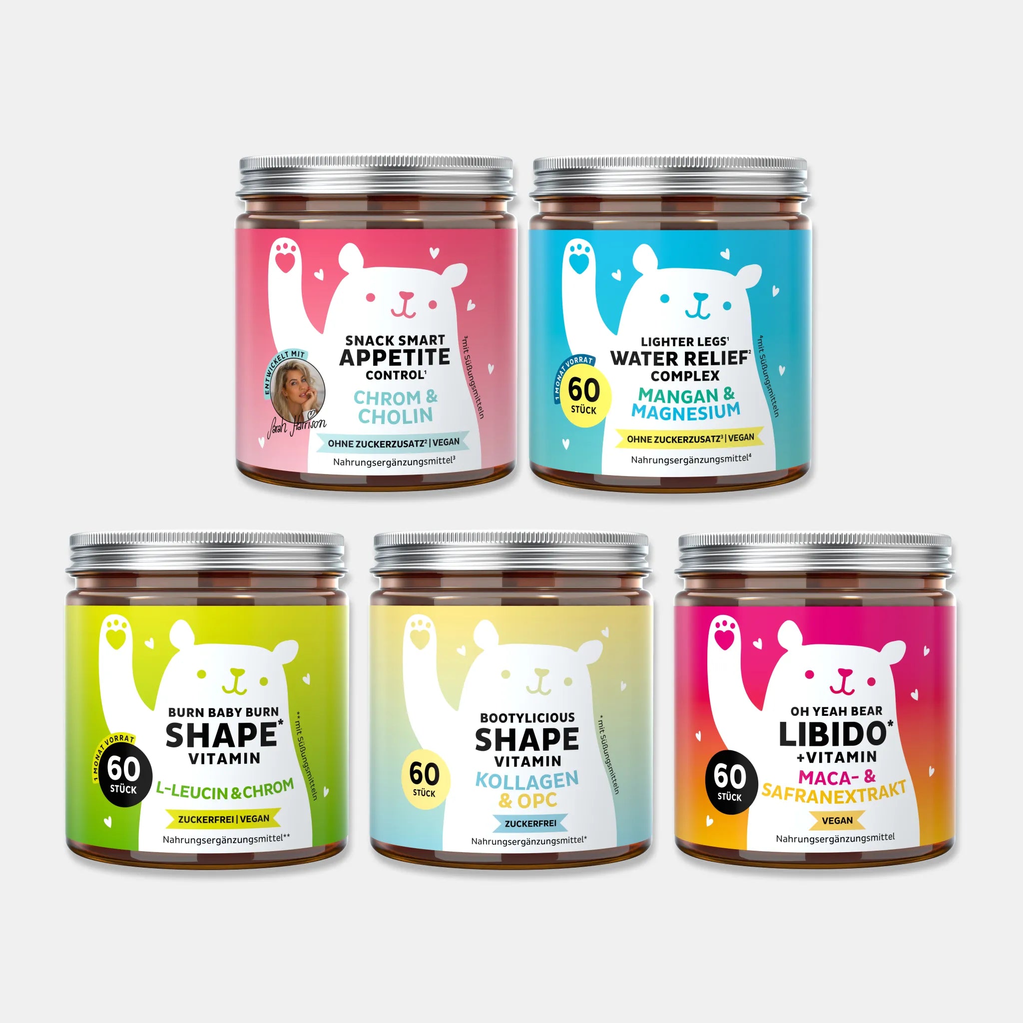 Bears with Benefits Hot Summer Bundle mit Snack Smart Appetite Control, Lighter Legs Water Relief, Burn Baby Burn Shape, Bootylicious Shape und Oh Yeah Bear Libido – Gummibärchen mit Chrom, Cholin, Mangan, Magnesium, L-Leucin, Kollagen, OPC, Maca und Safranextrakt, je 60 Stück, vegan oder zuckerfrei.