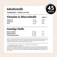 Bears with Benefits Skin* in the Game Barrier Protect** Complex – Nährwerttabelle und Inhaltsstoffe pro Tagesdosis 1 Stück: Vitamin E 12 mg 100% NRV, Vitamin C 20 mg 25% NRV, Zink 5 mg 50% NRV, Hyaluronsäure 20 mg, Färberdistelöl 20 mg, Traubenkernextrakt 10 mg, 45 Stück, 45 Tage Vorrat, zuckerfrei & vegan