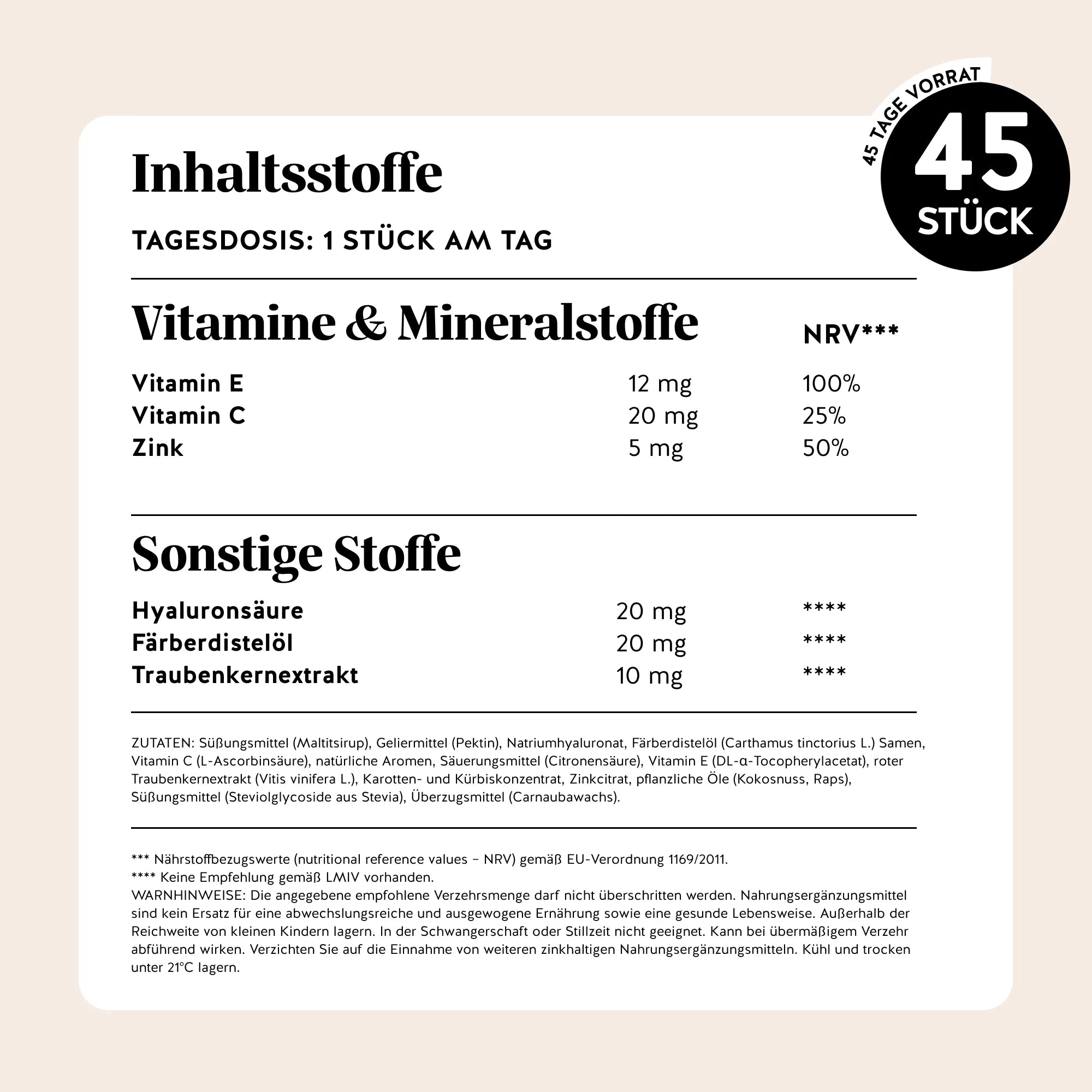 Bears with Benefits Skin* in the Game Barrier Protect** Complex – Nährwerttabelle und Inhaltsstoffe pro Tagesdosis 1 Stück: Vitamin E 12 mg 100% NRV, Vitamin C 20 mg 25% NRV, Zink 5 mg 50% NRV, Hyaluronsäure 20 mg, Färberdistelöl 20 mg, Traubenkernextrakt 10 mg, 45 Stück, 45 Tage Vorrat, zuckerfrei & vegan