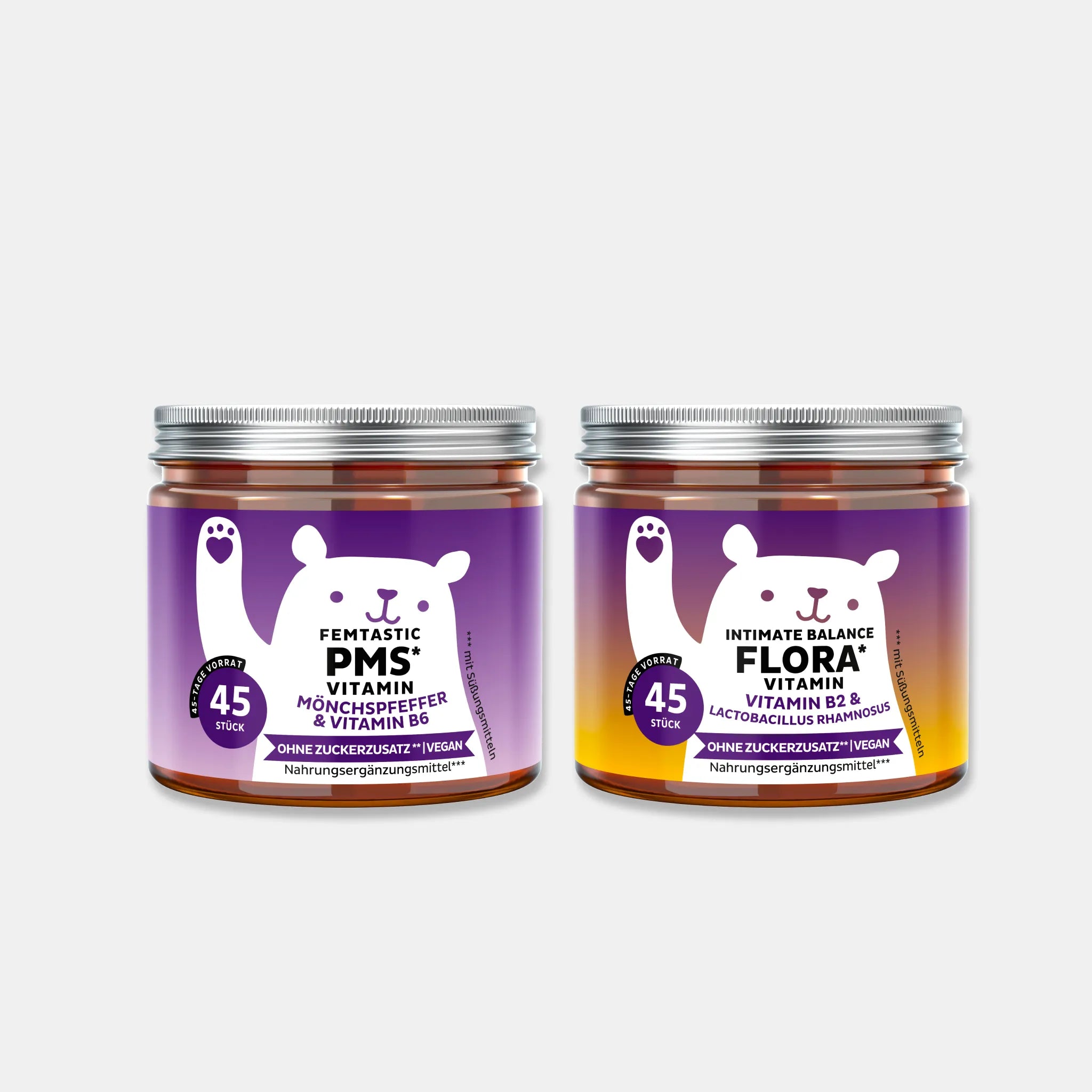Bundle (45 Stück + 45 Stück) Bild eines Bundles aus zwei Produkten von Bears with Benefits: „Femtastic PMS* Vitamin“ (45 Stück, ohne Zuckerzusatz, vegan) und „Intimate Balance Flora* Vitamin“ (45 Stück, ohne Zuckerzusatz, vegan) als zwei Dosen nebeneinander auf hellem Hintergrund.