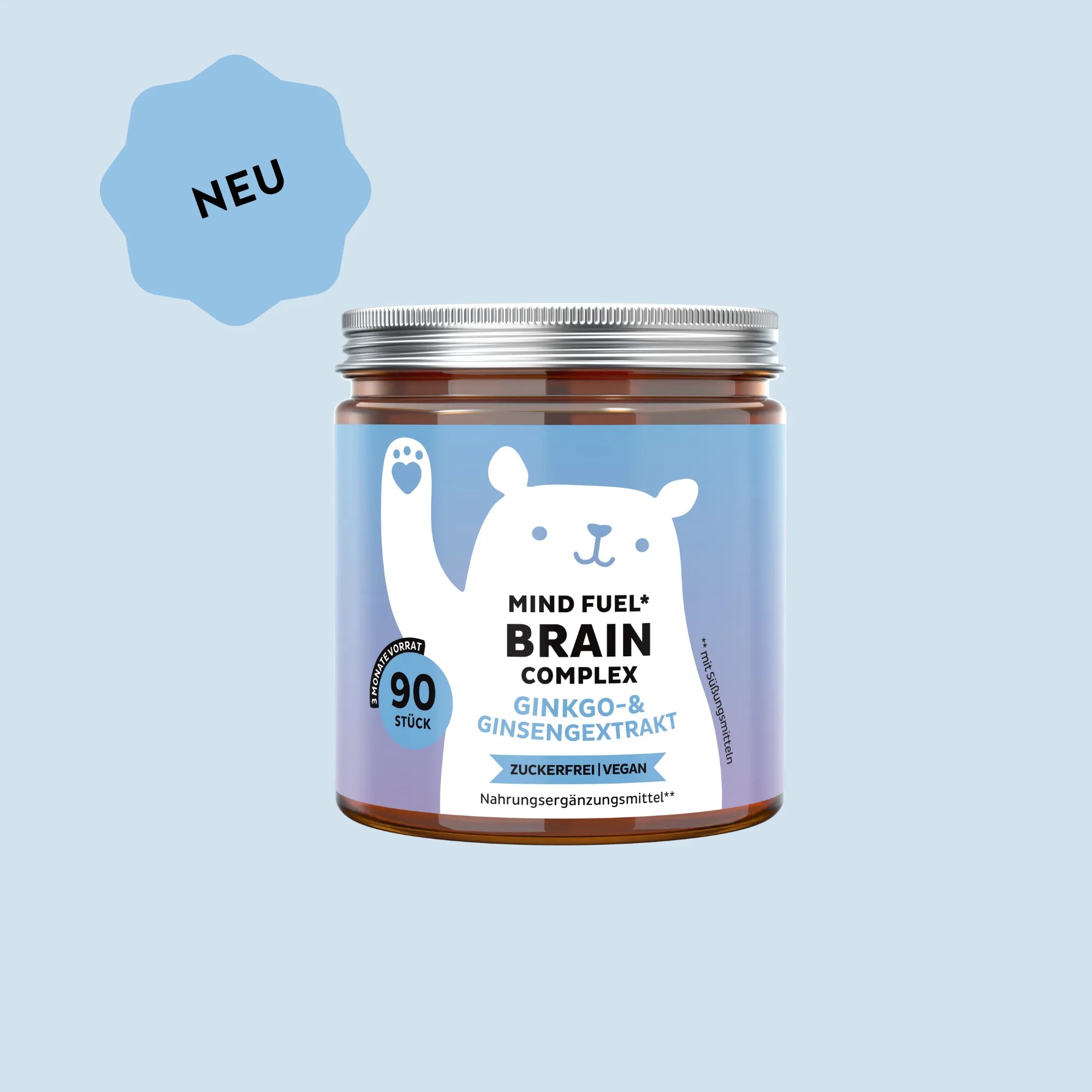 Bears with Benefits Mind Fuel* Brain Complex – Vegane Vitamin-Gummibärchen mit Ginkgo- & Ginsengextrakt für Fokus & Gedächtnis, Ginsengextrakt 125 mg und Ginkgoextrakt 10 mg pro Bärchen, 90 Stück, 3 Monate Vorrat, neue Formel, zuckerfrei, vegan