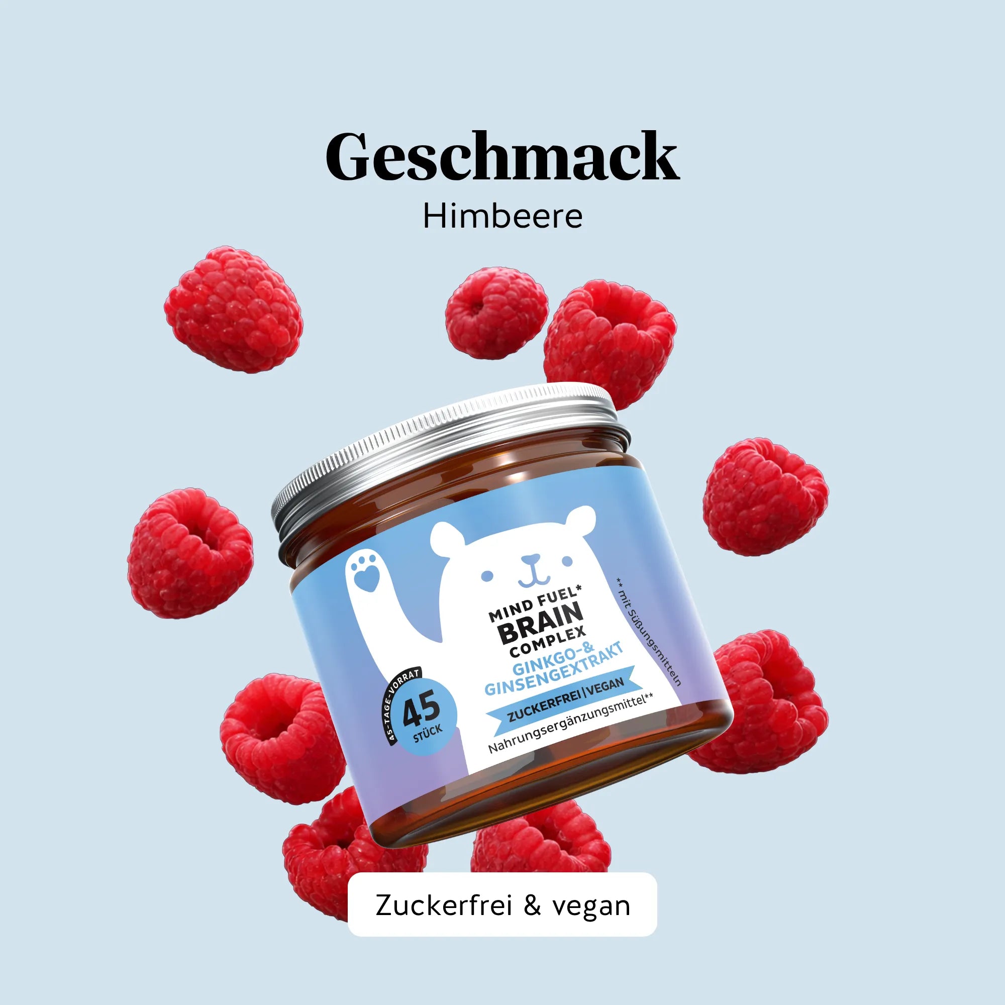 Bears with Benefits Mind Fuel* Brain Complex – Vegane Vitamin-Gummibärchen mit Himbeergeschmack und Ginkgo- & Ginsengextrakt, Ginsengextrakt 25 mg pro Bärchen, 45 Stück, zuckerfrei, vegan
