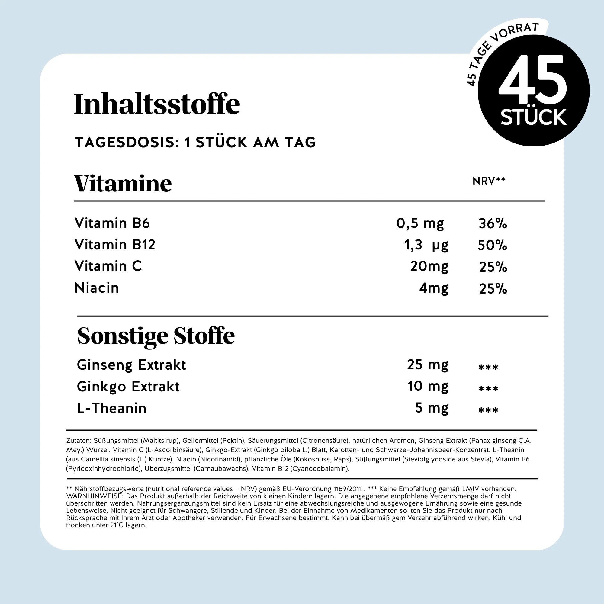 Bears with Benefits Mind Fuel* Brain Complex – Nährwerttabelle & Inhaltsstoffe pro Tagesdosis (1 Stück): Vitamin B6 0,5 mg, Vitamin B12 1,3 µg, Vitamin C 20 mg, Niacin 4 mg, Ginsengextrakt 25 mg, Ginkgoextrakt 10 mg, L-Theanin 5 mg, 45 Stück, zuckerfrei, vegan