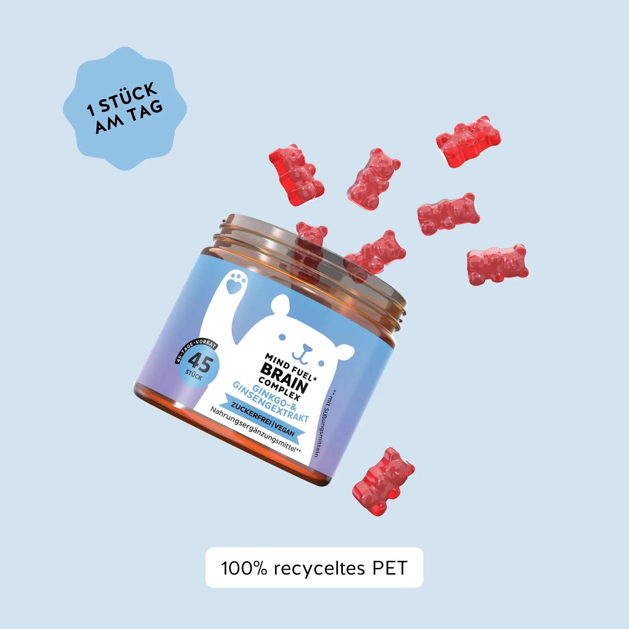 Bears with Benefits Mind Fuel* Brain Complex – Verzehrempfehlung 1 Gummibärchen am Tag, 45 Stück Vorrat, Verpackung aus 100% recyceltem PET, zuckerfrei, vegan