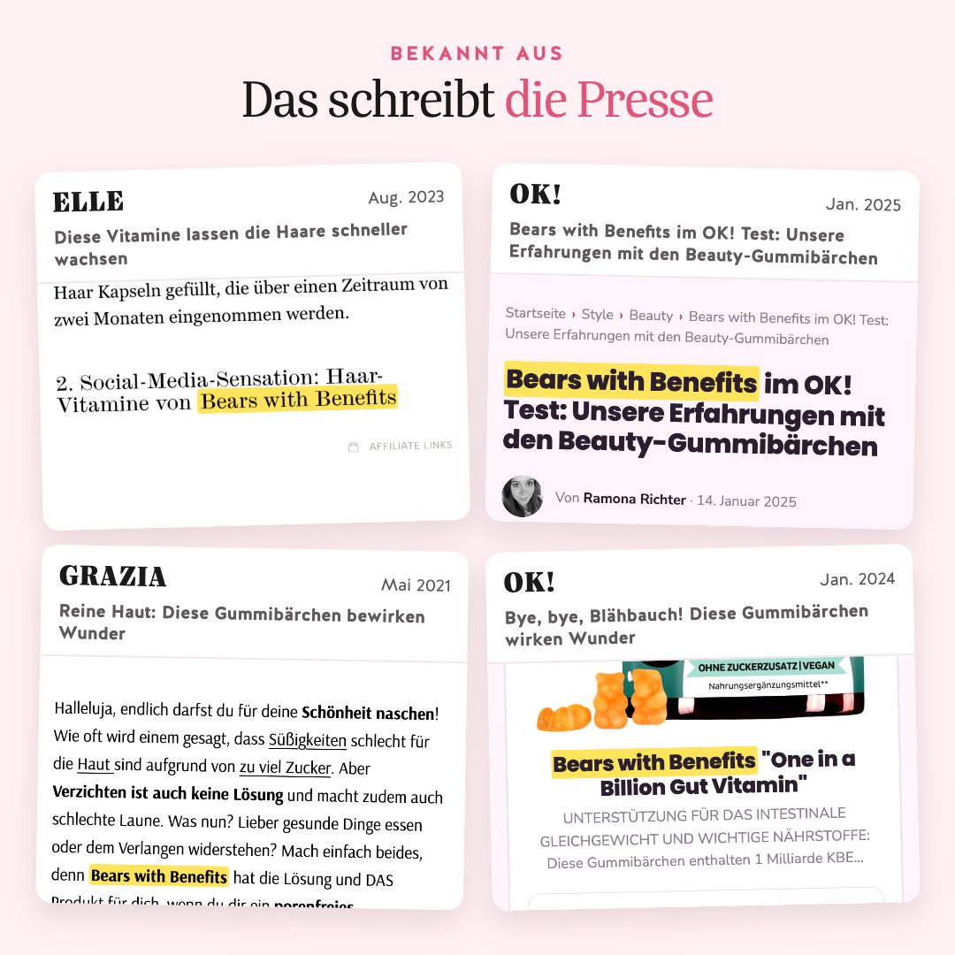 Bekannt aus ELLE, OK! und GRAZIA – Artikel-Screenshots mit markiertem Markennamen