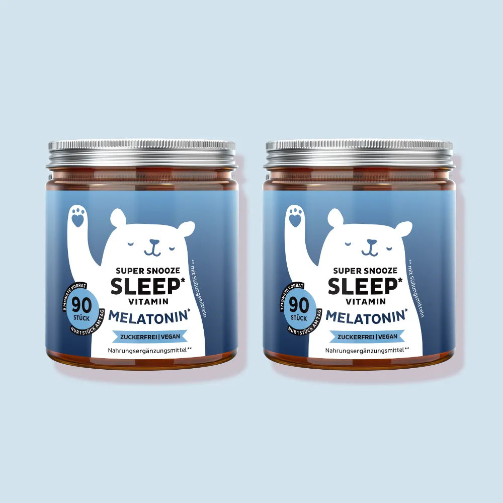 Bild eines 2er-Packs des Super Snooze Sleep* Vitamin Melatonin von Bears with Benefits für einen größeren Vorrat an zuckerfreien & veganen Gummibärchen (Vorratspack).
