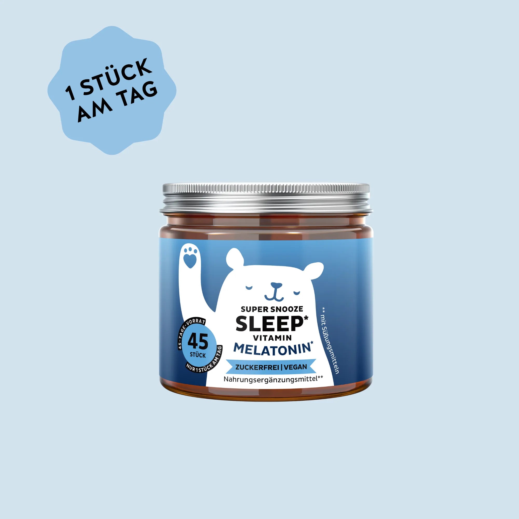 Bild der Dose mit 45 Stück des Super Snooze Sleep* Vitamin Melatonin von Bears with Benefits in Gummibärchenform (zuckerfrei & vegan), entwickelt zur Unterstützung einer schnelleren Einschlafzeit mit Melatonin und Vitamin B6.