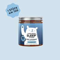 Bild der Dose mit 90 Stück des Super Snooze Sleep* Vitamin Melatonin von Bears with Benefits in Gummibärchenform (zuckerfrei & vegan), entwickelt zur Unterstützung einer schnelleren Einschlafzeit mit Melatonin und Vitamin B6.