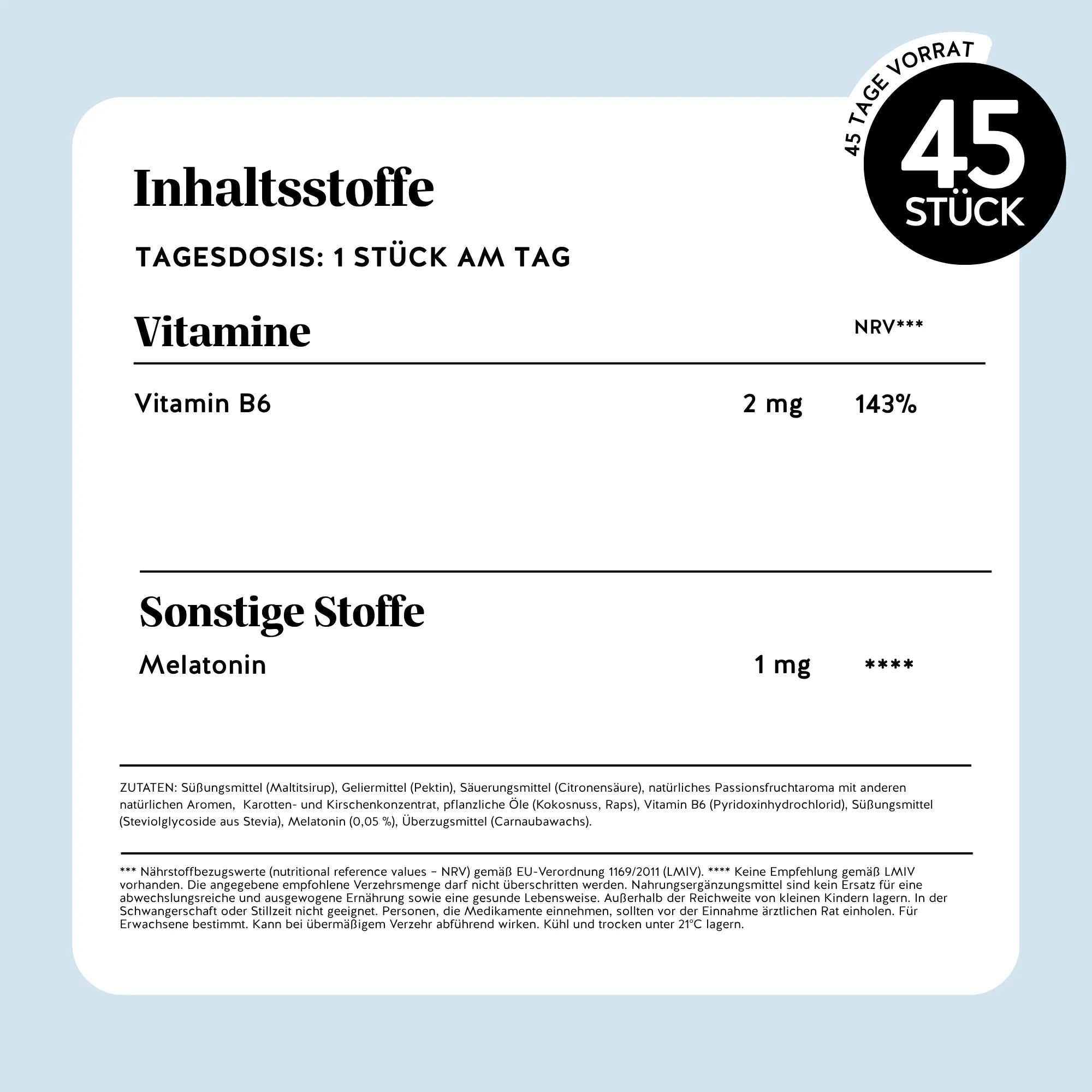 Vollständige Liste der Inhaltsstoffe des Super Snooze Sleep* Vitamin Melatonin von Bears with Benefits in Gummibärchenform, inklusive Melatonin und Vitamin B6, mit Nährwert- und NRV-Angaben.