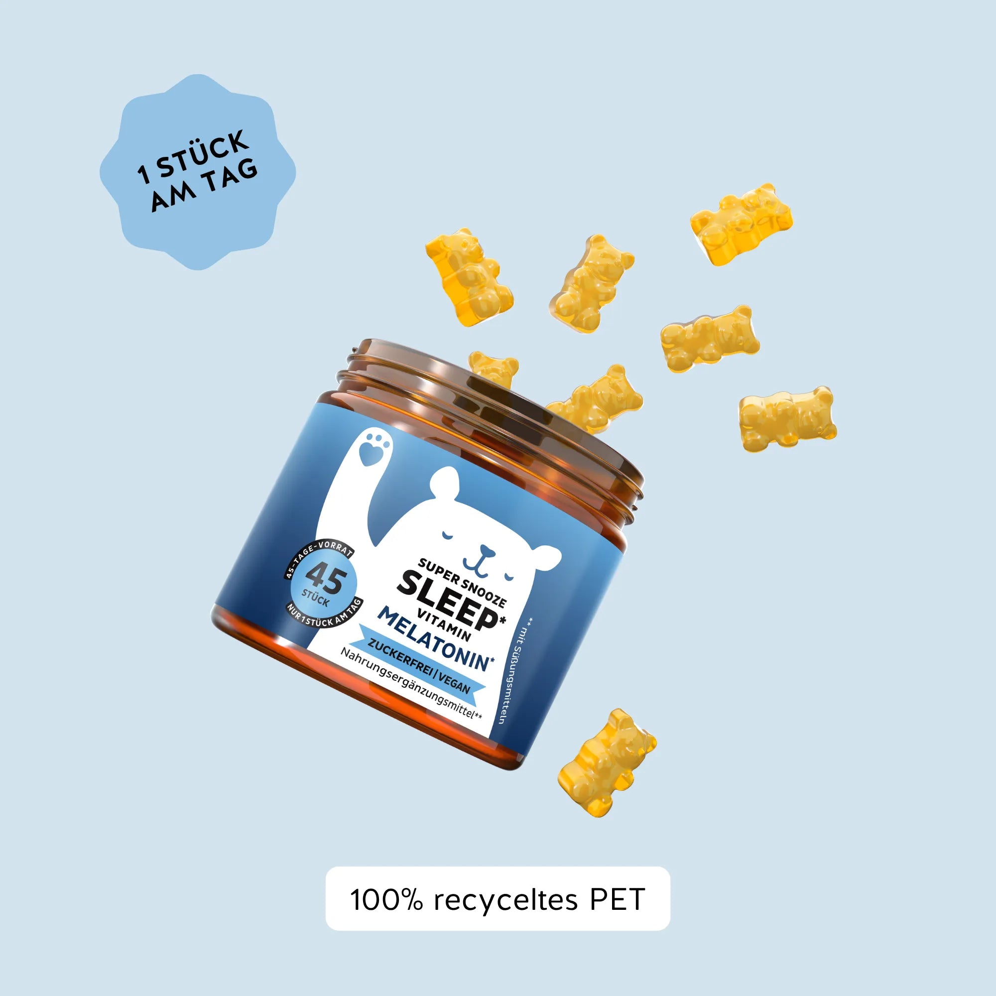 Verzehrempfehlung für das Super Snooze Sleep* Vitamin Melatonin von Bears with Benefits: 1 Stück am Tag. Dose mit 45 Stück.